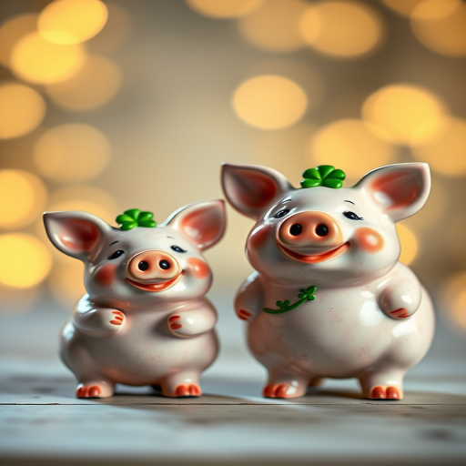 Create a hyper-realistic image of two cheerful ceramic pigs with shamrocks, one small and one large, positioned in a bokeh background of soft golden lights, shot with a DSLR camera at f/2.8, ISO 100, 50mm lens, 1/200 sec shutter speed.