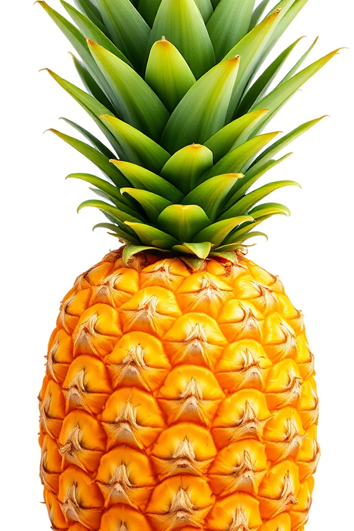 Generate a vibrant illustration of a pineapple with a bright yellow body and lush green leaves, captured in high-resolution with a DSLR camera at f/2.8 aperture, 50mm lens, ISO 100, natural light, and a shallow depth of field to enhance detail and focus.