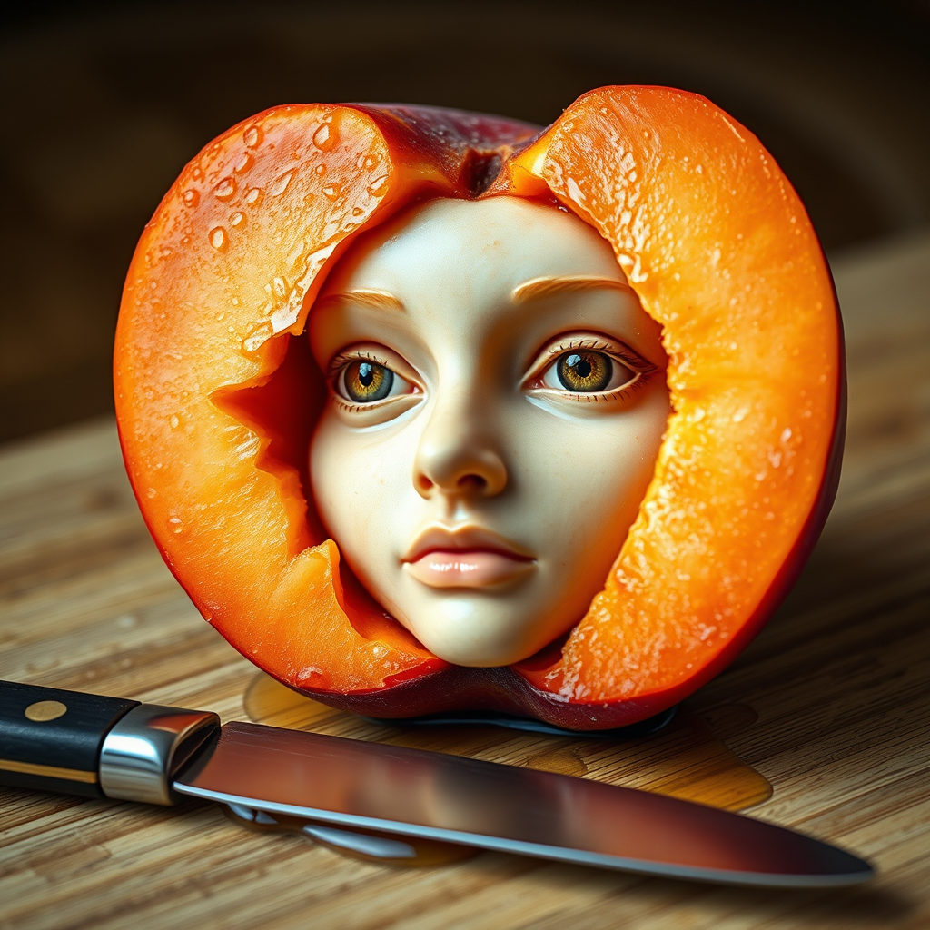 A hyperdetailed photorealistic macro color saturated high resolution image of a peach cut in half, with the peach pit being a highly detailed sculpted woman's face with her eyes open and peach-colored irises. The face has a marble texture. The image includes condensation, moisture, and peach juice. The peach is on a wooden cutting board with a small fruit knife nearby, also covered with juice.