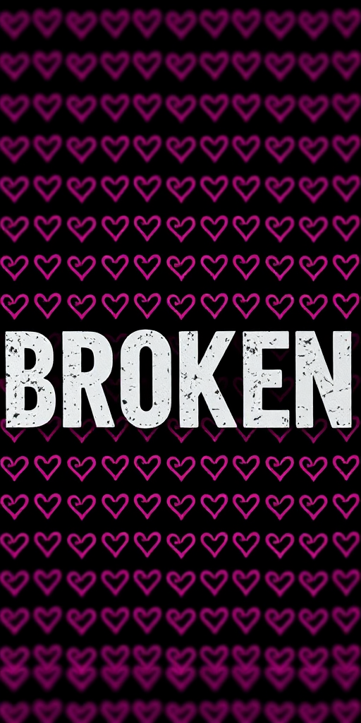 Create an image of the word BROKEN in large, textured white letters on a dark background filled with repeated smaller pink text that says heart, use a DSLR camera with a 50mm lens, aperture f/2.8, ISO 100, and a focus on the main word to create bokeh effect for depth.