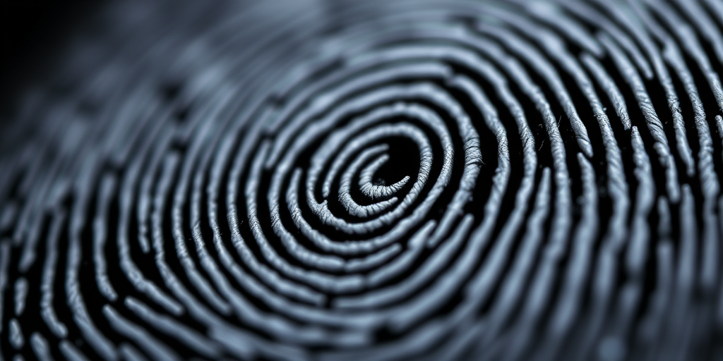 Create a high-resolution close-up image of a fingerprint in fine detail, captured with a Canon EOS R5, 85mm lens, f/1.8 aperture, ISO 100, natural light, macro view for enhanced texture clarity.