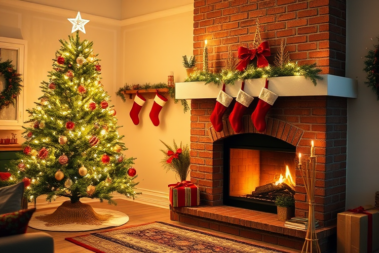 Generate a cozy living room scene during the holiday season. Include a beautifully decorated Christmas tree adorned with lights and ornaments, placed next to a brick fireplace. Above the fireplace, display festive stockings. The room should have warm lighting, creating a welcoming atmosphere. Add a decorative tree skirt under the tree and some holiday decorations in the background.