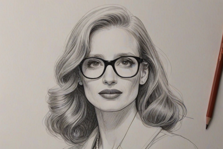 Radiant Jessica Chastain, pencil sketch, portrait of Dazzling woman 1941s in glasses, hair style beatnik, outline, clear lines, fine lines, 8k