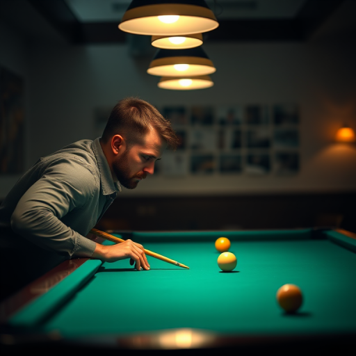 A man playing pool at a well-lit billiard table, focused on his shot, soft natural lighting with a slight overhead glow, shot with a Canon EOS R5 at f/2.8, ISO 100, 50mm lens, shallow depth of field.