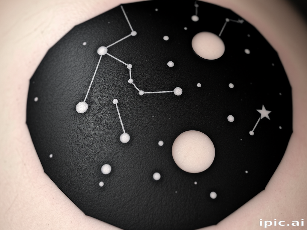 Blackout tattoo with negative space design revealing constellations and celestial bodies, solid black ink with precise white ink details, astronomical accuracy and otherworldly allure