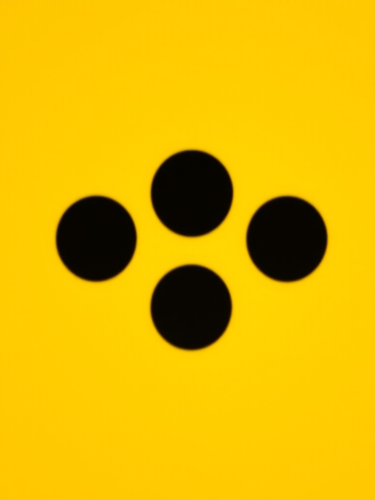 Generate a high-resolution image of a minimalist logo featuring three black circles on a vibrant yellow background, using a DSLR camera with a 50mm lens, f/1.8 aperture, 1/100 sec shutter speed, and a shallow depth of field for enhanced focus and clarity.