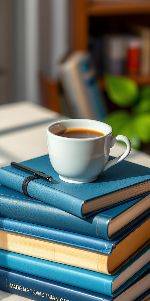 a steaming cup of coffee on top of stacked blue books, high-resolution, close-up view, bright natural lighting, DSLR camera, f/2.8 aperture, ISO 100, 50mm lens