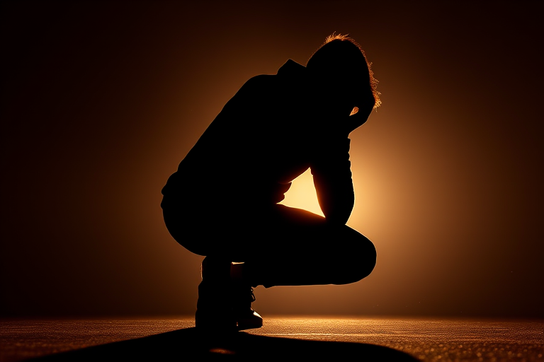 Create a high-contrast silhouette of a crouching figure with dramatic lighting, using a Canon EOS R5 camera, 50mm lens, aperture f/1.8, shutter speed 1/200s, ISO 100, natural backlight for enhanced detail and depth.