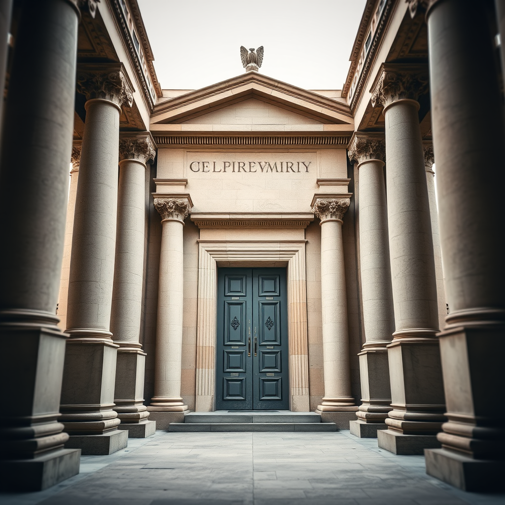 Capture a high-resolution image of a classic stone mausoleum door framed by tall Corinthian columns, in soft natural lighting with a shallow depth of field, using a DSLR camera set to f/2.8, ISO 100, 50mm lens, and shoot from the front at eye level to emphasize architectural details.