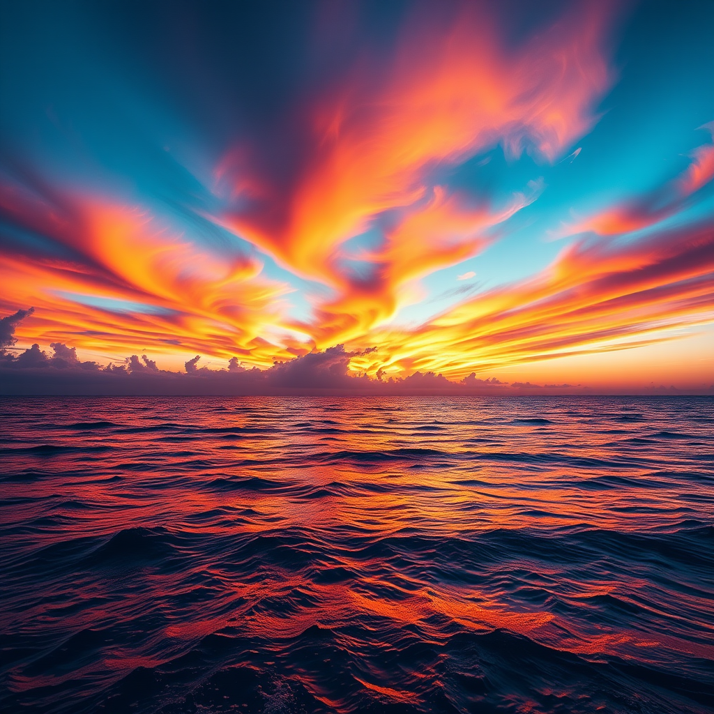 Create a high-resolution image of a vivid sunset over a calm ocean, focusing on the vibrant colors in the sky and reflections in the water, using a DSLR camera with a 24mm lens, f/8 aperture, ISO 200, and a shutter speed of 1/200 second, shot from a wide-angle view to capture the expansive scene.