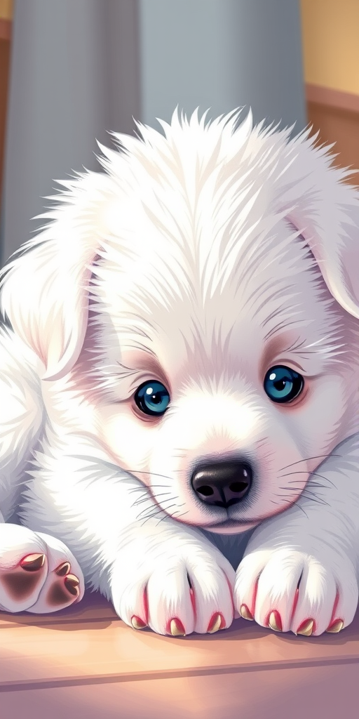 Create a detailed illustration of a fluffy white puppy lying down with big blue eyes, in a softly lit environment, captured with a DSLR camera, using a 50mm lens at f/2.8 aperture, ISO 100, and a slight vignette effect to enhance focus on the puppy.