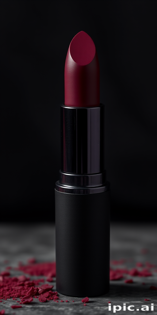 Sultry "Midnight Velvet" matte lipstick in deep plum shade, long-lasting formula with moisturizing properties, ideal for creating mysterious and alluring looks