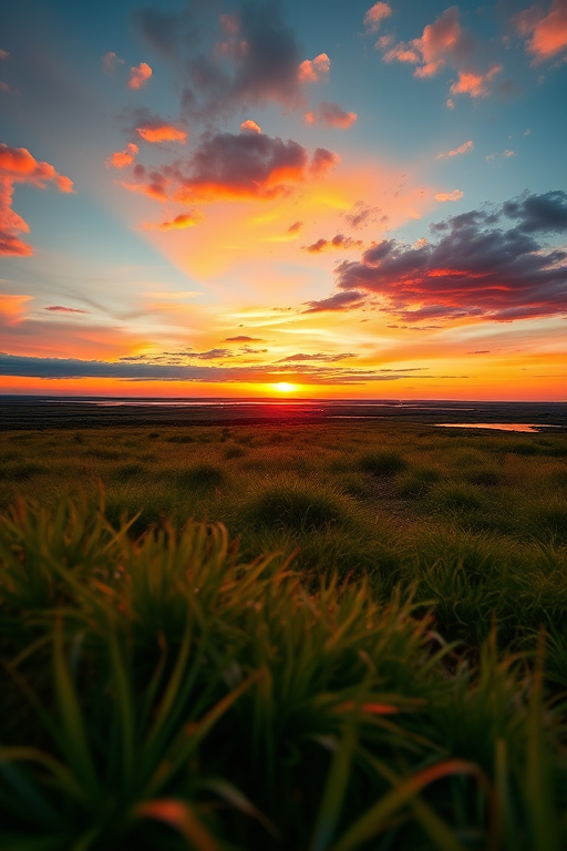 Create a high-resolution image of a serene landscape at sunset with vibrant colors, using a DSLR camera, 50mm lens, f/2.8 aperture, ISO 100, and a low-angle view to capture the golden light reflecting on the water.
