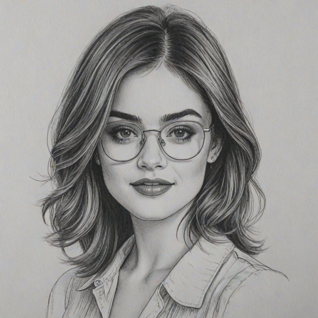 Exquisite Lucy Hale, pencil sketch, portrait of Enchanting woman 1980s in glasses, hair style beatnik, outline, clear lines, fine lines, 8k