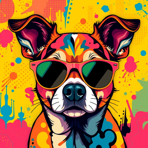 Create a vibrant digital illustration of a dog wearing sunglasses, featuring bold, colorful patterns and abstract shapes, with sharp details and high contrast, using a Canon EOS R5 camera, 50mm lens, f/1.8 aperture, ISO 100, and a shallow depth of field.