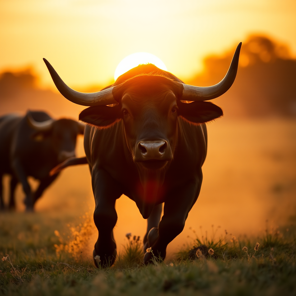 A powerful bull charging towards the camera in a sunlit field with a golden sunset, capturing dynamic motion with a shallow depth of field, sunset lighting, 50mm lens, f/1.8 aperture, ISO 200, medium format camera, backlighting to create a silhouette effect.