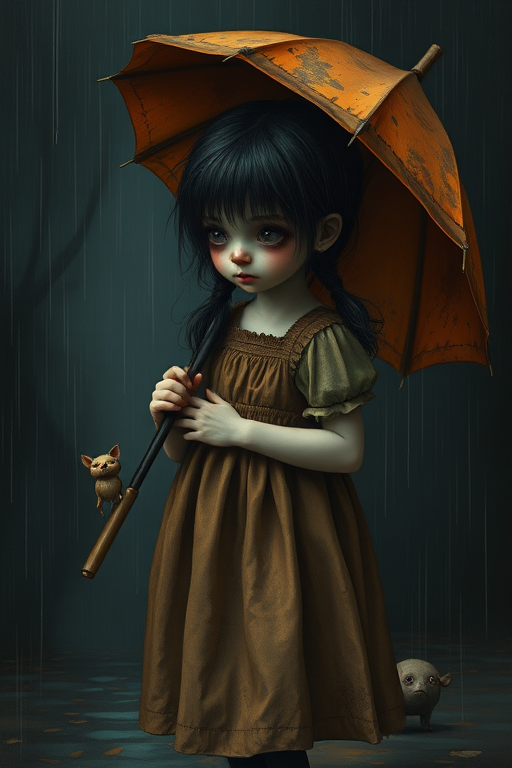 An eerie, weird little girl with dark hair in thin pigtails, wearing a smock dress, standing in the rain, holding a dirty orange umbrella, a small, odd creature beside her. In a surreal style inspired by Nicoletta Ceccoli and Brian Froud. Dark fantasy themes
