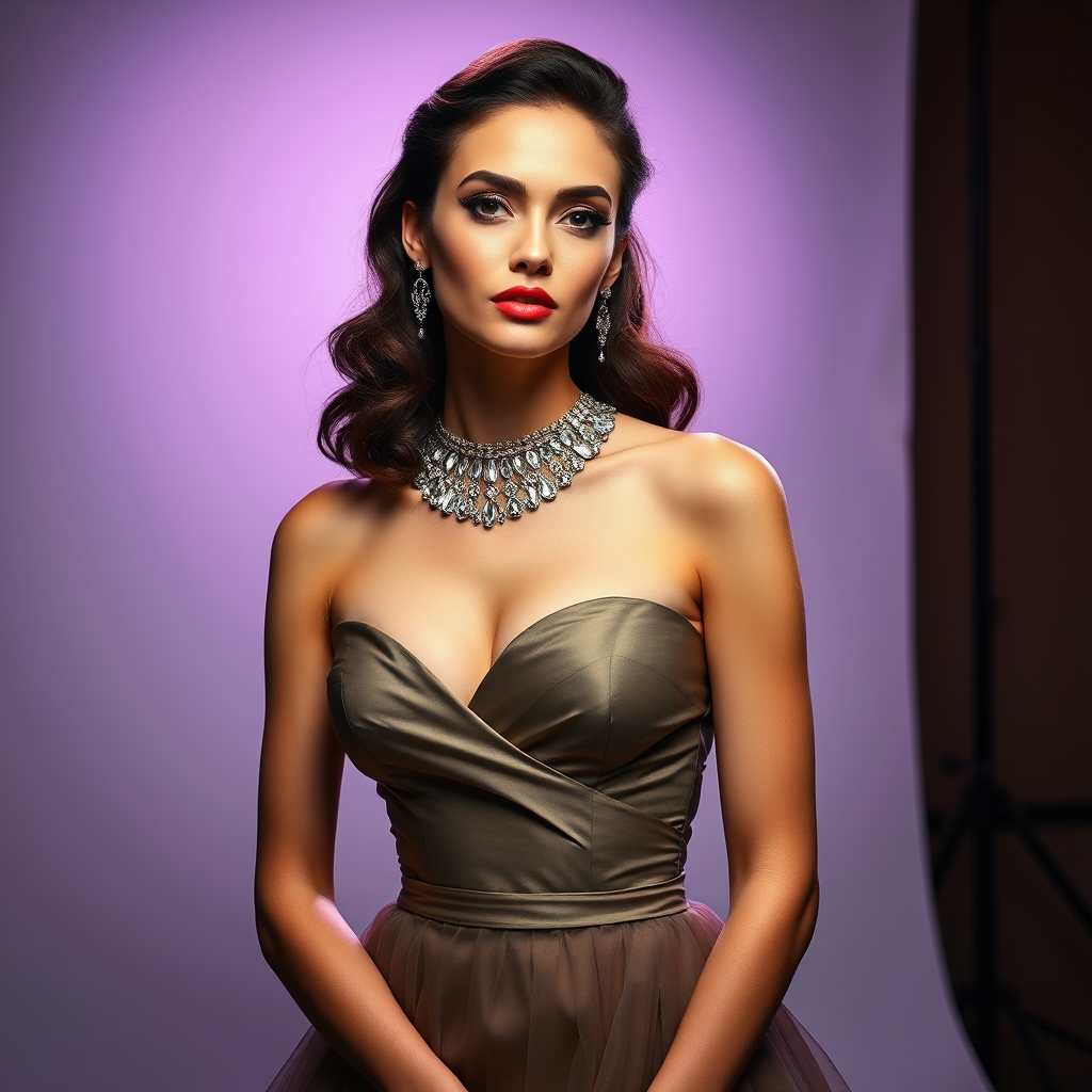 Studio portrait, female model, elegant couture dress, bold makeup, dramatic lighting, Shoot over the shoulder using a telephoto lens to focus on small details like jewelry, makeup, or fabric textures