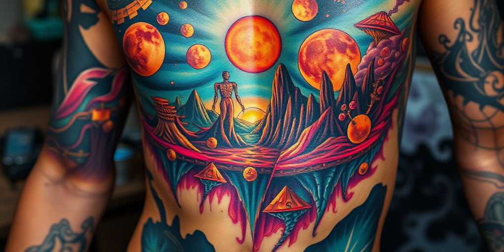 Surreal body tattoo depicting a dreamscape melting into reality across the ribcage, blending photorealistic elements with abstract forms in vivid psychedelic hues