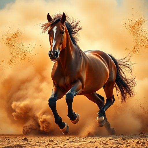 a majestic brown horse running through a swirling cloud of dust and vibrant splashes of liquid gold, captured in high resolution with a 50mm f/1.8 lens, using a shutter speed of 1/1000 second, at ISO 200, with a shallow depth of field for a dramatic effect, taken from a low angle to emphasize the horse's powerful stride and mane flowing in the wind, in natural light for enhanced details and vivid colors