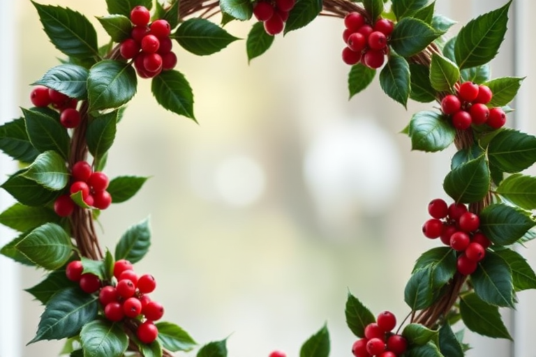 regenerate the image of a circular holiday wreath with holly leaves and berries, using a DSLR camera, f/2.8 aperture, 50mm lens, natural lighting, and a soft focus background