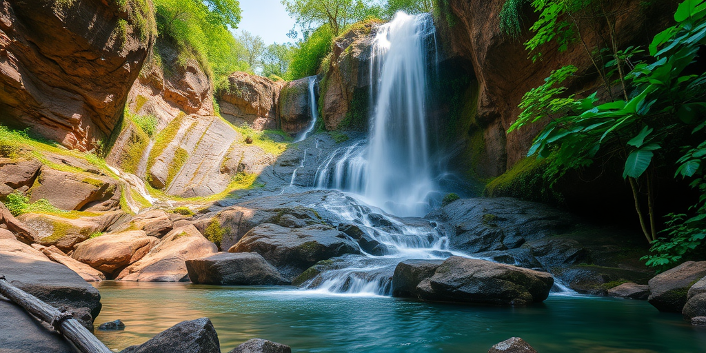 capture a cascading waterfall surrounded by rocky cliffs and lush greenery in vibrant detail, use a DSLR camera with a f/16 aperture, ISO 100, 1/4 second exposure, shot from a low angle for dramatic perspective and a wide-angle lens to encompass the scenery