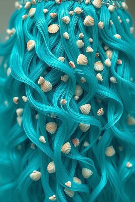 Vibrant teal mermaid waves cascade down to the waist, shimmering with iridescent highlights and adorned with tiny seashells, creating a mesmerizing oceanic allure named Aquamarine Siren