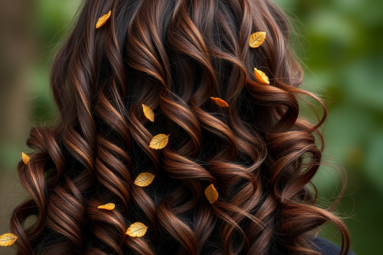Luscious chocolate brown curls tumble down her back, interwoven with subtle caramel highlights and adorned with tiny golden leaf accents, creating a enchanting forest-inspired look.
