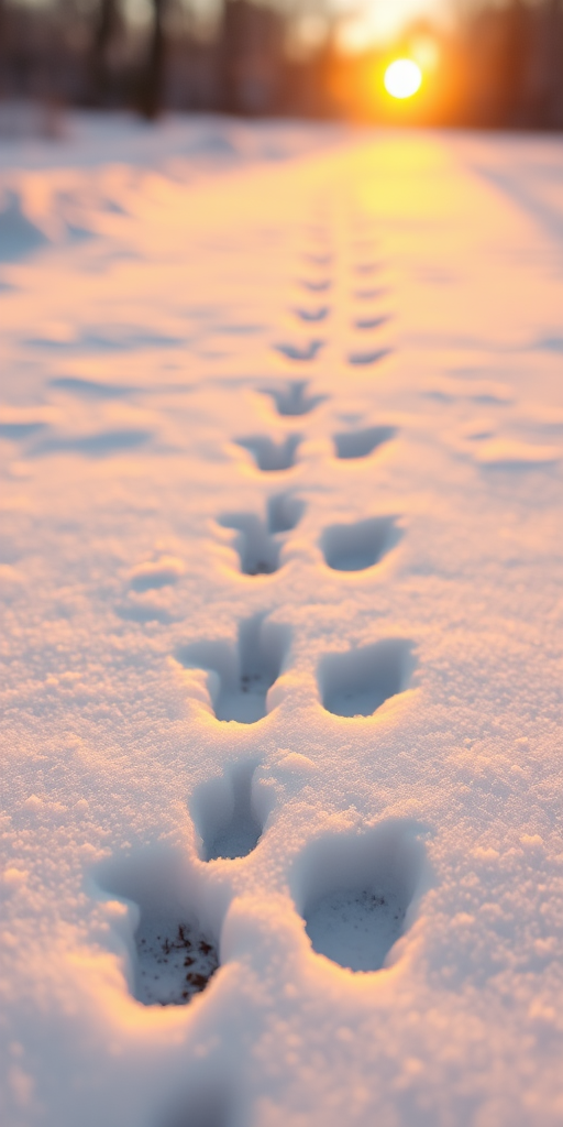 footprints in fresh white snow during golden hour, shallow depth of field, ISO 100, f/2.8, 1/200s, 50mm lens, DSLR camera, soft natural lighting, high resolution