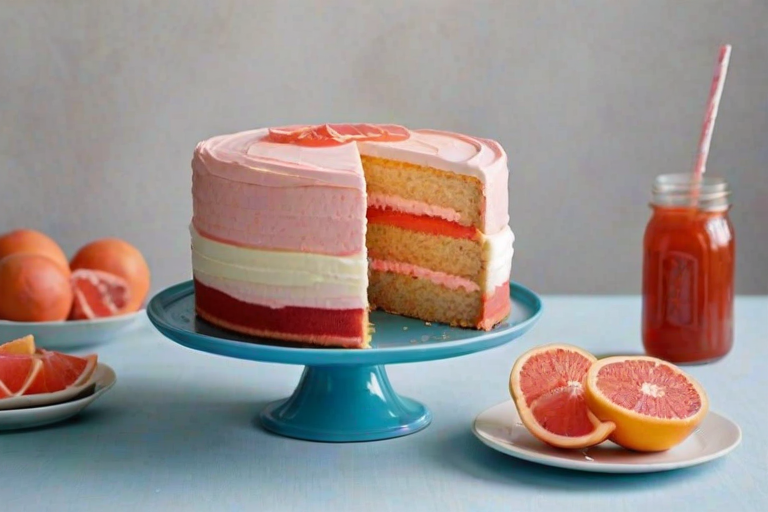 Create an image of a three-layer cake on a blue cake stand. The cake should have a smooth ombre frosting design transitioning from white at the top to soft pink at the bottom. Include a jar of pink grapefruit jam beside the cake and a few slices of grapefruit on small plates in the foreground. The background should be simple and neutral to highlight the cake.