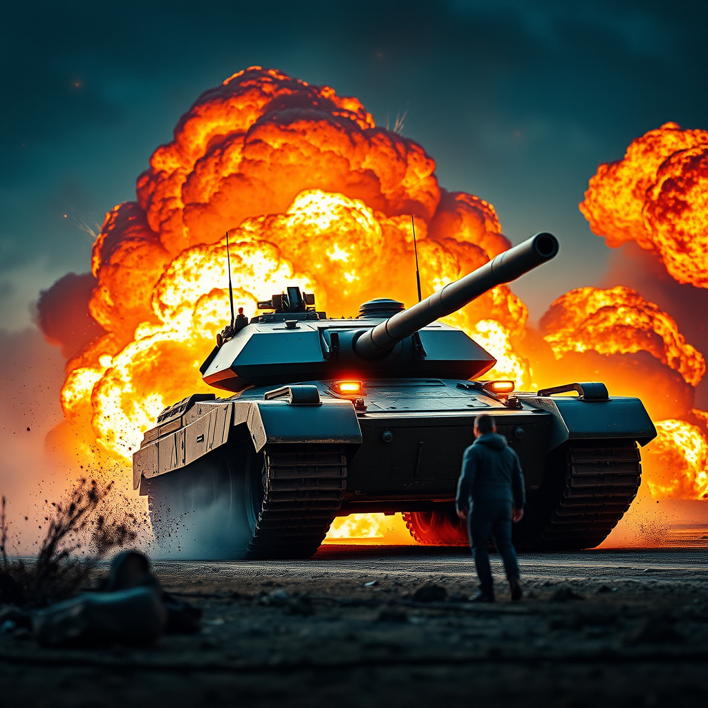 Create a dynamic scene featuring a futuristic military tank amidst a dramatic explosion with a character in the foreground, using a DSLR camera at 24mm, f/2.8, ISO 200, with a cinematic view and vibrant colors, emphasizing depth of field and high contrast in a digital art style.