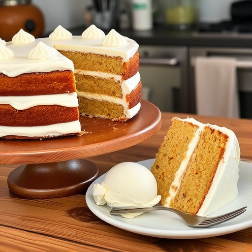A delicious layered cake with cream frosting on a wooden cake stand with a slice removed served beside a scoop of ice cream on a plate with a fork resting next to it and a cozy kitchen setting in the background.