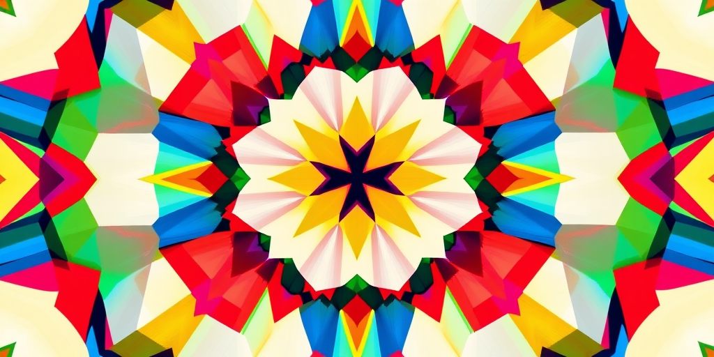Create an abstract geometric pattern with vibrant colors, using a Canon EOS 5D Mark IV, 50mm lens, f/8 aperture, ISO 200, shot in a top-down view to enhance symmetry and detail.