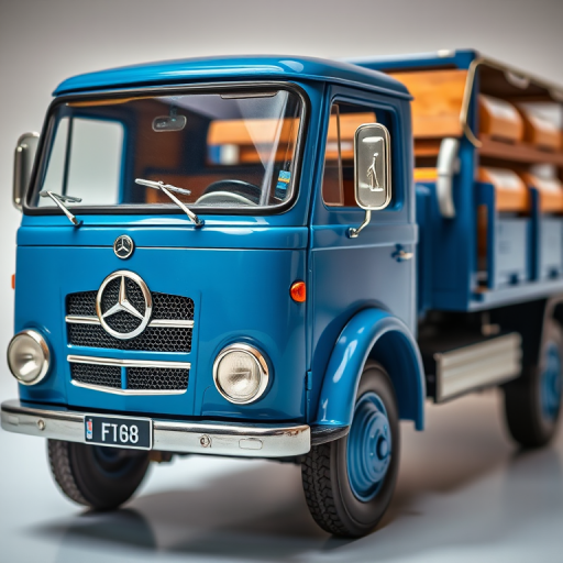 Capture a detailed close-up shot of a vintage blue Mercedes-Benz truck with a silver racing car on its back, using a DSLR camera with a 50mm lens, aperture set to f/2.8 for a shallow depth of field, ISO 100, and a well-lit studio setting to enhance colors and textures.