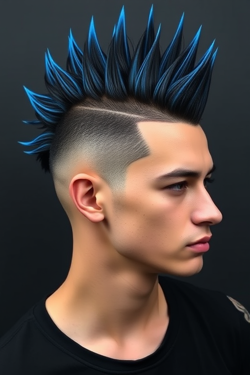 Dramatic jet black mohawk with shaved sides and a textured top, styled in spiky points with electric blue tips for an edgy and rebellious appearance