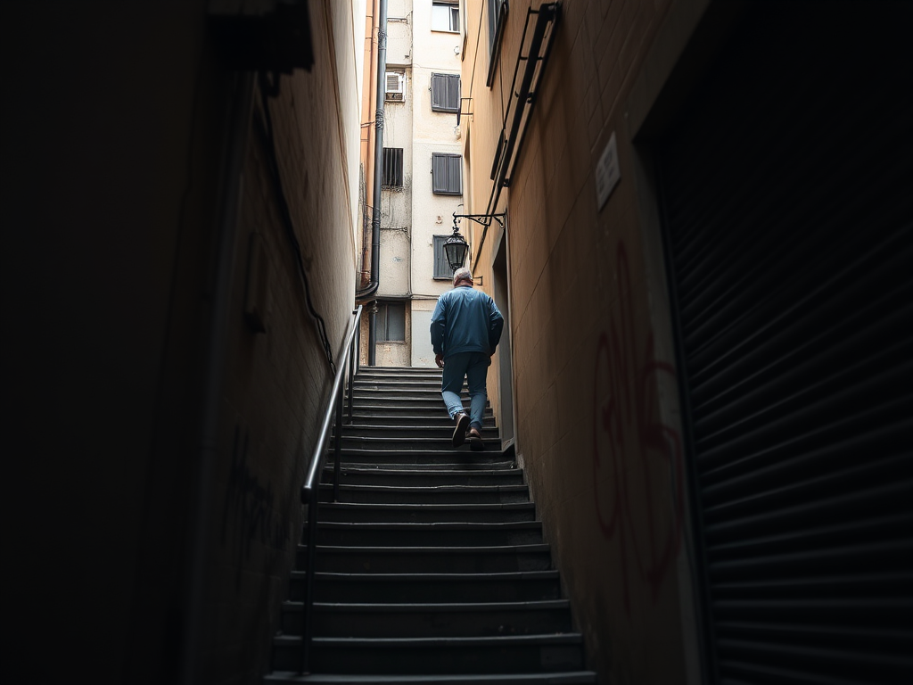 narrow alleyway with a person walking up stairs in an urban setting, natural lighting, f/5.6 aperture, ISO 200, 24mm lens, shot from a low angle, DSLR camera