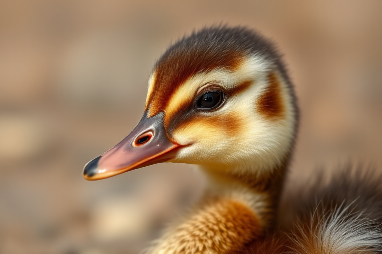 Capture a close-up shot of a duckling with a focus on its unique brown and white plumage, using a Canon EOS 5D Mark IV, aperture f/2.8, shutter speed 1/250s, ISO 400, natural light, shallow depth of field for a blurred background.