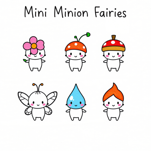 "Create an illustration featuring six cute, simple figures with various whimsical themes. Arrange them in two rows:

1. **Top Row:**
   - First figure: A tiny character with a pink flower on its head.
   - Second figure: A little character with green leaves sprouting from its head.
   - Third figure: A small character with an acorn cap on its head.
   - Fourth figure: A character with a red and white spotted mushroom cap.

2. **Bottom Row:**
   - First figure: A character with small butterfly wings.
   - Second figure: A character with a blue water droplet shape on its head.
   - Third figure: A character with a small flame on its head.

Use a soft, hand-drawn style on a textured paper background and label it ""Mini Minion Fairies"" at the top."
