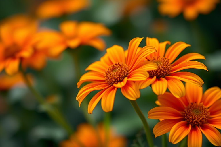 Close-up of vibrant orange and yellow flowers with a blurred green background, shot with a Canon EOS 5D Mark IV, 50mm lens, aperture f/2.8, ISO 100, natural light, shallow depth of field.