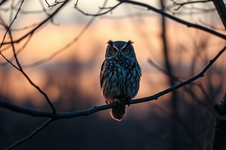 Generate an image of a stylized owl perched on a tree branch during twilight with soft bokeh in the background using a DSLR camera set to f/2.8 aperture, ISO 100, and a shutter speed of 1/125 sec, shot from a low angle to enhance depth, in portrait orientation.