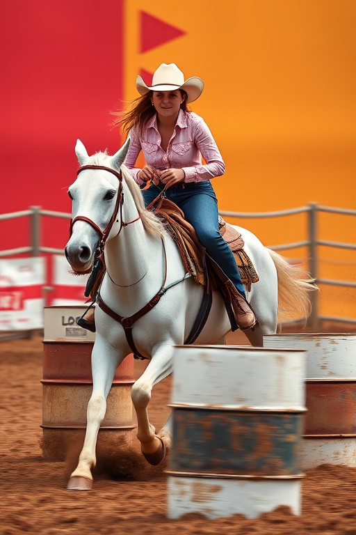 Generate an action-packed image of a cowgirl riding a white horse at high speed around barrels, with a vibrant, colorful background, with a Canon EOS 5D Mark IV, 50mm lens, aperture f/2.8, ISO 200, shutter speed 1/1000s, portrait orientation, enhance colors and details.