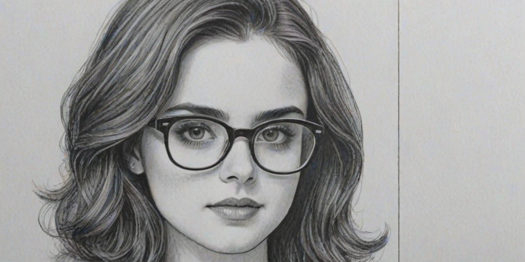 Magnificent Vanessa Marano, pencil sketch, portrait of Comely woman 1979s in glasses, hair style beatnik, outline, clear lines, fine lines, 8k