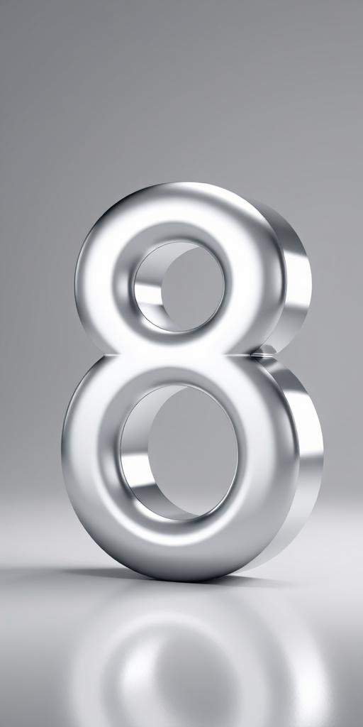 Create a high-resolution 3D render of the number 8 in polished silver with a gradient effect, using a Canon EOS R5 with an f/2.8 aperture, ISO 100, 24mm lens, in a well-lit studio setting with softbox lighting from multiple angles.