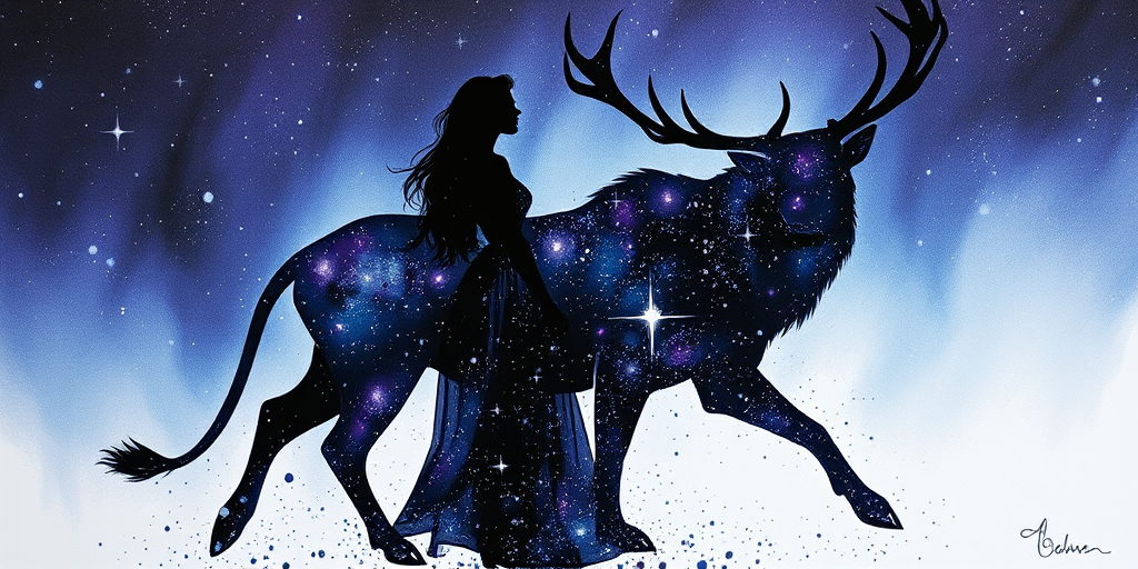 Captivating conceptual render alcohol ink art, double exposure, the paint strokes artfully merge combining a woman's full silhouette with a Elegant elk's silhouette. The figures are composed of a series of colored dots, lines & spots that evoke the image of a cosmic galaxy, colors are deep shades of blue purple & black with flashes of white & silver representing distant stars. The woman's silhouette is formed within the lion's silhouette from constellations of scattered stars, surreal