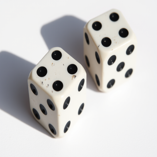 Create an image of two six-sided dice on a white background, captured with a DSLR camera at 50mm focal length, aperture f/2.8, ISO 100, using soft natural lighting to enhance shadows and textures, angled for a dynamic view.