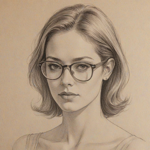 Fascinating Dominique Fishback, pencil sketch, portrait of Beauteous woman 1975s in glasses, hair style beatnik, outline, clear lines, fine lines, 8k