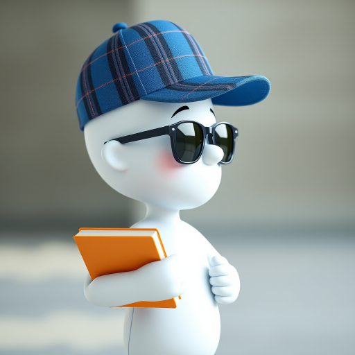 3D character wearing a blue plaid cap and sunglasses, holding a book, standing in a thinking pose, soft lighting, shallow depth of field, camera: Canon EOS R5, lens: 50mm f/1.2, aperture: f/2.8, ISO: 100, focal length: 50mm, natural light, side view.