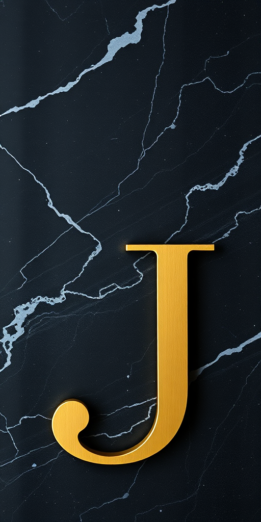 create an elegant gold letter J on a dark marble background, captured with a Canon EOS R5, 85mm lens, f/1.4, ISO 100, natural lighting, shallow depth of field, high-resolution details