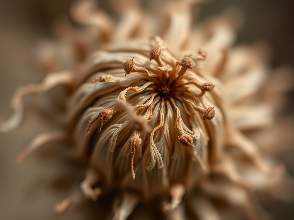 Close-up of a dried plant with intricate textures and details, shallow depth of field, natural light, aperture f/2.8, ISO 100, 50mm lens, DSLR camera, macro photography.