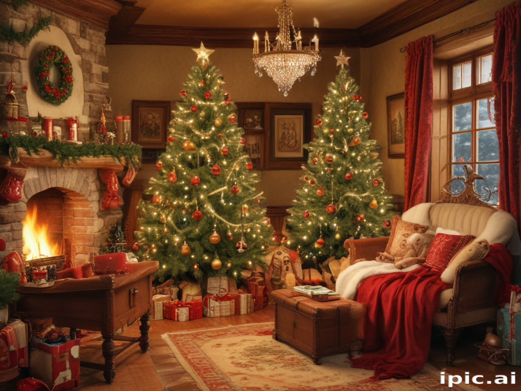Cozy Christmas Living Room with Two Decorated Trees and Warm Fireplace